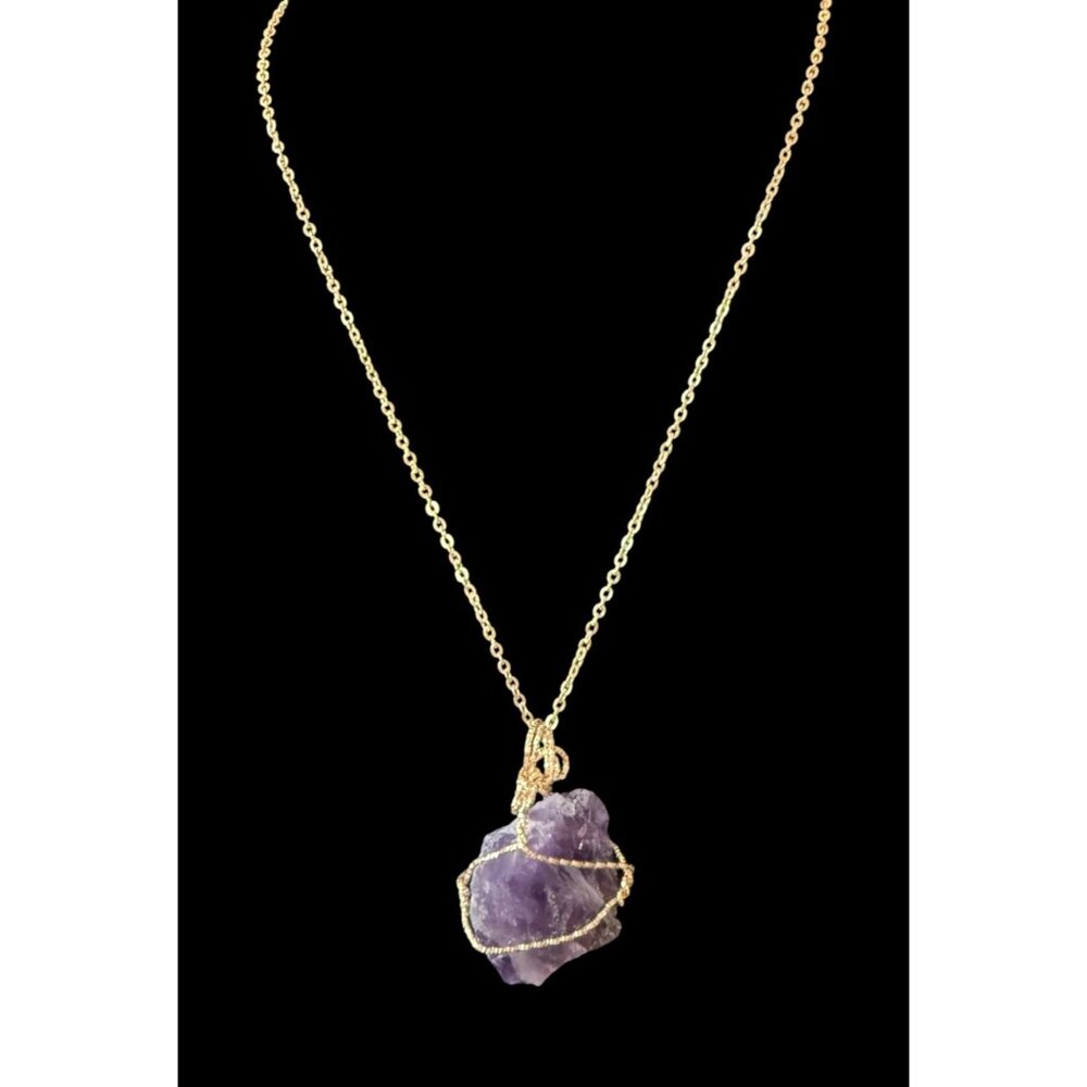 Raw Wire Wrapped Amethyst Crystal Pendant Necklace w/ Gold-Tone Chain